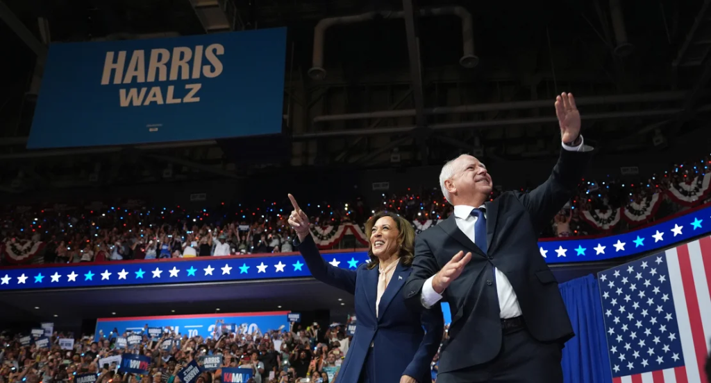 Democratic presidential candidate, Vice President Kamala Harris and Democratic vice presidential candidate Minnesota Gov. Tim Walz appear on stage together during a campaign event at Girard College on August 6, 2024, in Philadelphia, Pennsylvania. (Credit: Andrew Harnik / Getty Images)