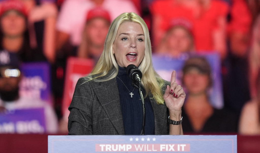 Former Florida Attorney General Pam Bondi, speaks before Republican presidential nominee former President Donald Trump at a campaign rally at First Horizon Coliseum, Nov. 2, 2024, in Greensboro, NC. (Credit: AP Photo/Alex Brandon, File)