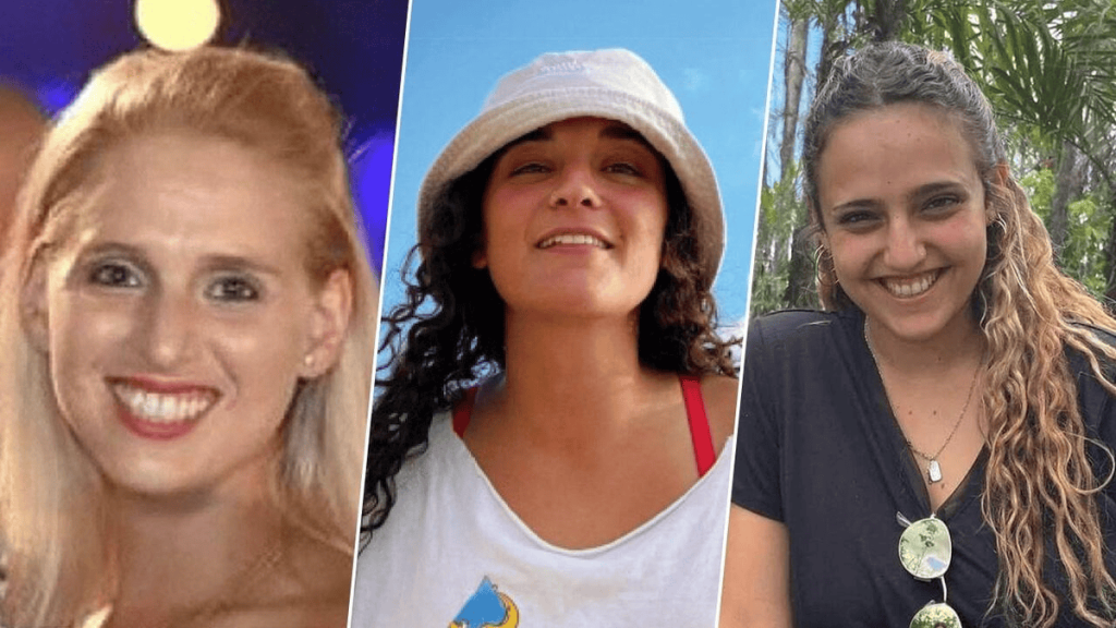 Three Israeli Hostages and 90 Palestinian Detainees Released Today Thanks To Ceasefire Agreement. (From left to right: Romi Gonen, Emily Damari, Doron Steinbrecher)