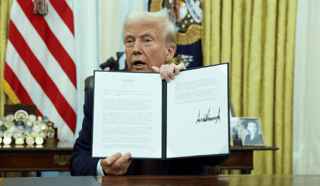 President Donald Trump holds a signed executive order for JFK files released in the Oval Office of the White House, in Washington, Jan. 23, 2025. (Image Credit: REUTERS)