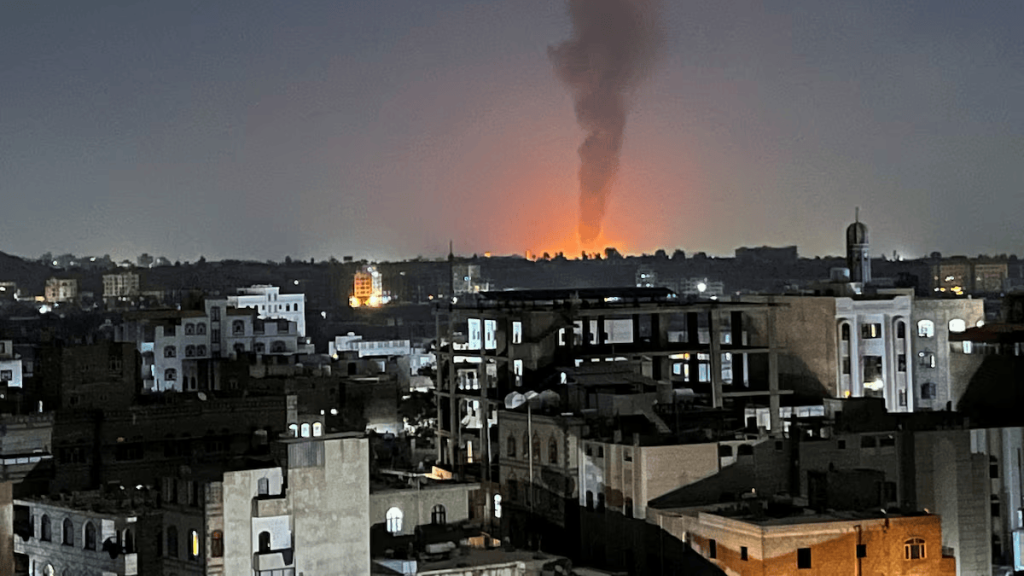 Smoke rises in the sky following U.S airstrikes bombing in Sanaa, Yemen, February 25, 2024. (Image Credit: REUTERS)