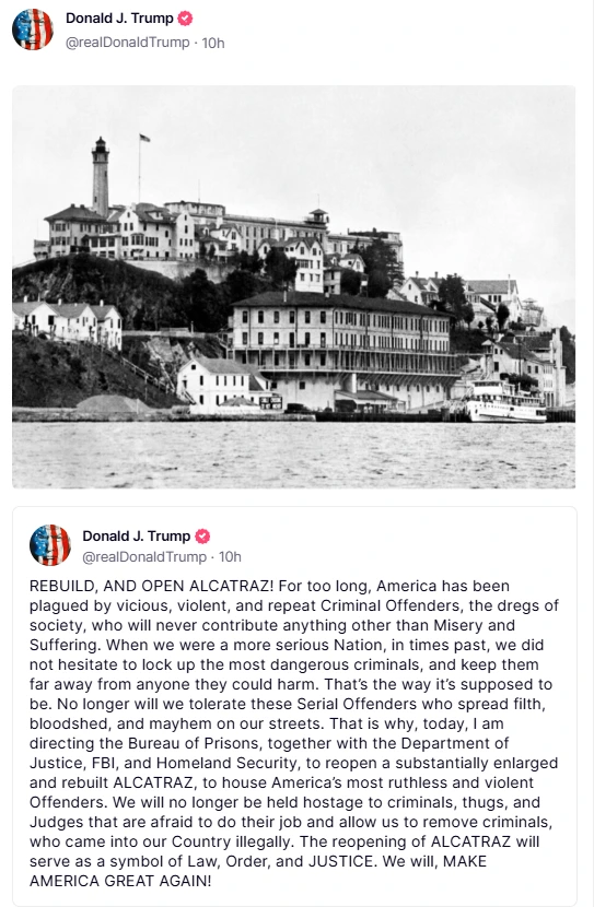 President Donald Trump reopens Alcatraz post on Truth Social. (Image Source: Truth Social @realDonaldTrump)