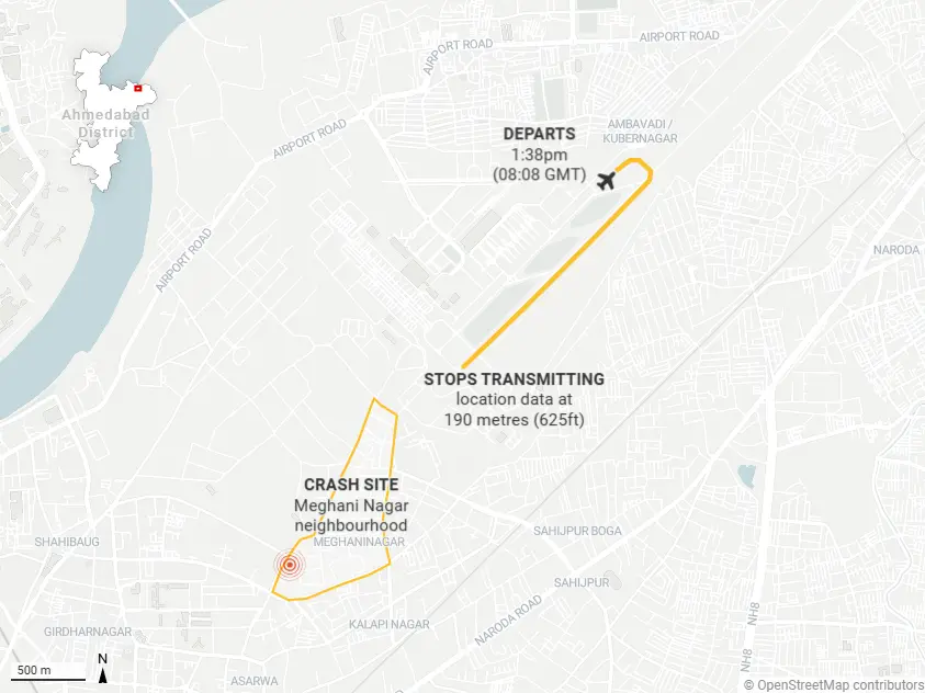 Air India Flight 171 was en route to London with 242 people on board, crashes minutes after takeoff in Meghani Nagar, a residential area just outside the Ahmedabad airport in western India. (Image Source: Flightradar24)
