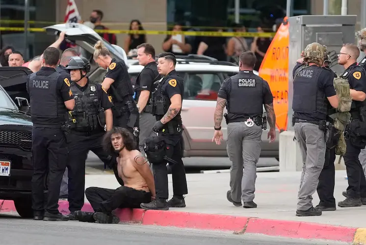 the suspect was apprehended shortly after a reported shooting during a demonstration in downtown Salt Lake City on Saturday, June 14, 2025. (Image Credit: Francisco Kjolseth / The Salt Lake Tribune)