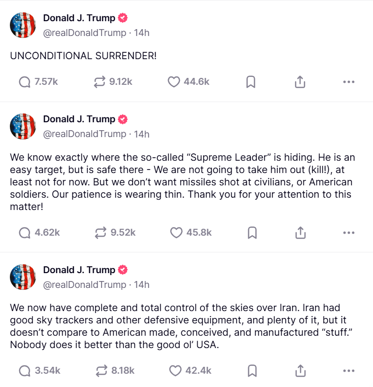 Trump demands "UNCONDITIONAL SURRENDER!" from Iran on his social media. (Image Source: Truth Social @realDonaldTrump)