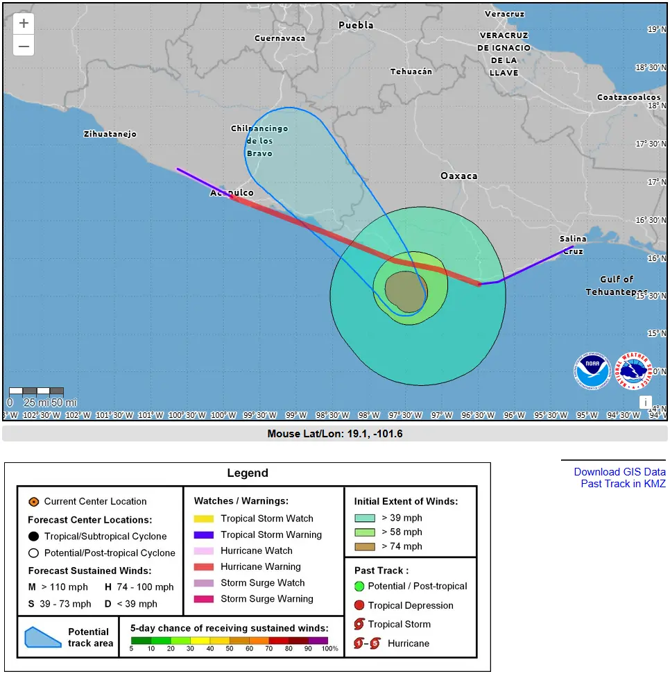 Forecast of Hurricane Erick path. (Image Source: National Hurricane Center)