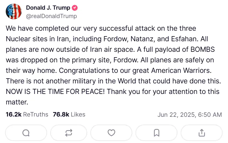 President Trump addresses U.S. bomb Iran on Truthsocial. (Image Source: Truthsocial @realDonaldTrump)