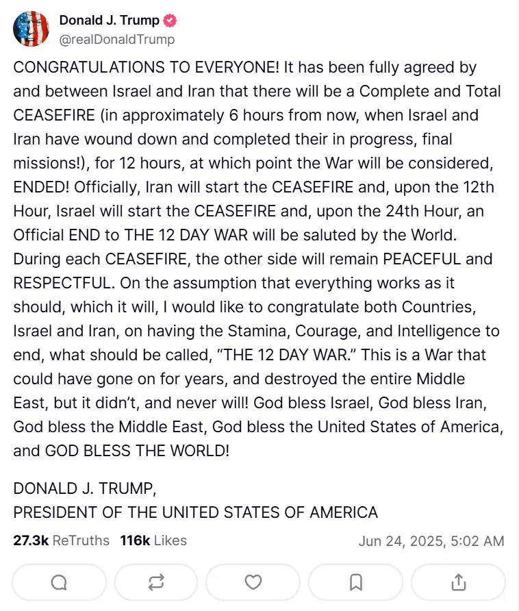 President Trump announces ceasefire between Israel and Iran on Truth Social. (Image Source: Truth Social @realDonaldTrump)