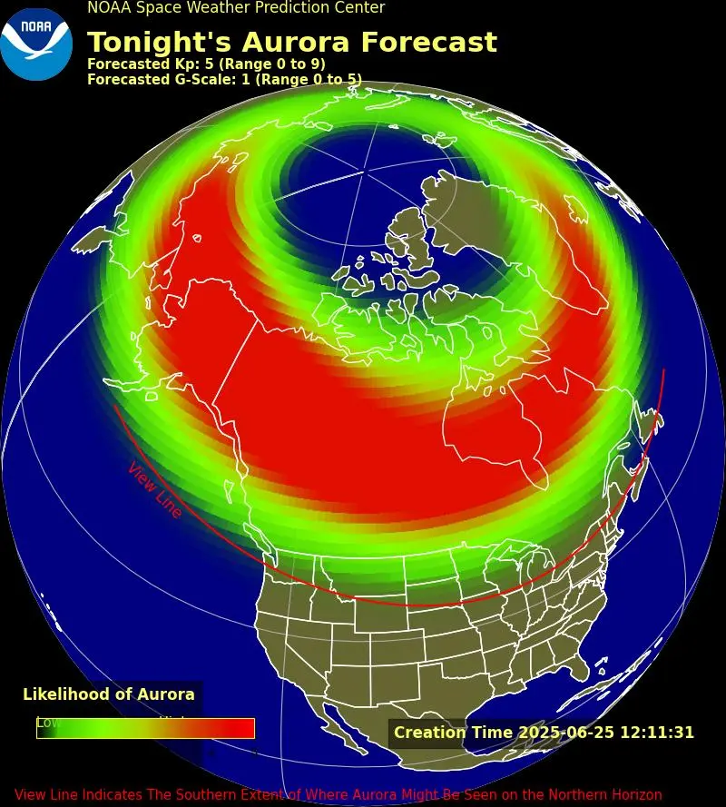 Aurora Borealis map of visibility on June 25, 2025. (Image Source: NOAA)