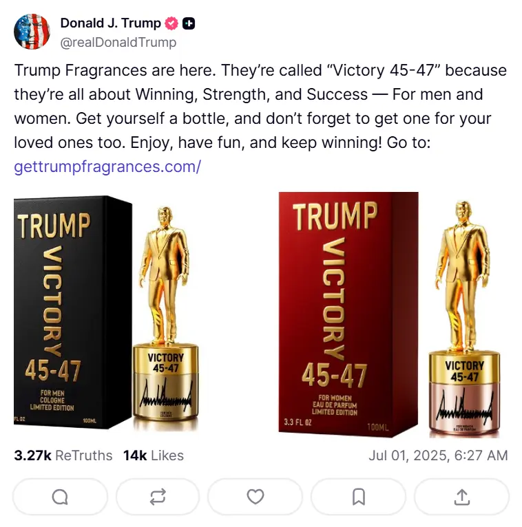 President Trump Perfume 'Victory 45–47' Is On Sale: Smells Like Victory 1 President Trump perfume line “Victory 45-47” promotional post on Truth Social (Image Source: Truth Social @realDonaldTrump)