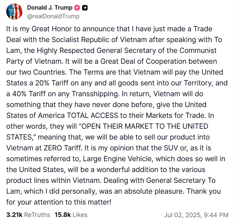 President Trump announced the new Vietnam trade deal made with General Secretary To Lam. (Image Source: Truth Social @realDonaldTrump)