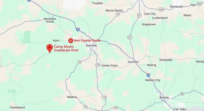 Camp Mystic is situated on the Guadalupe River. (Image Source: Google Maps)