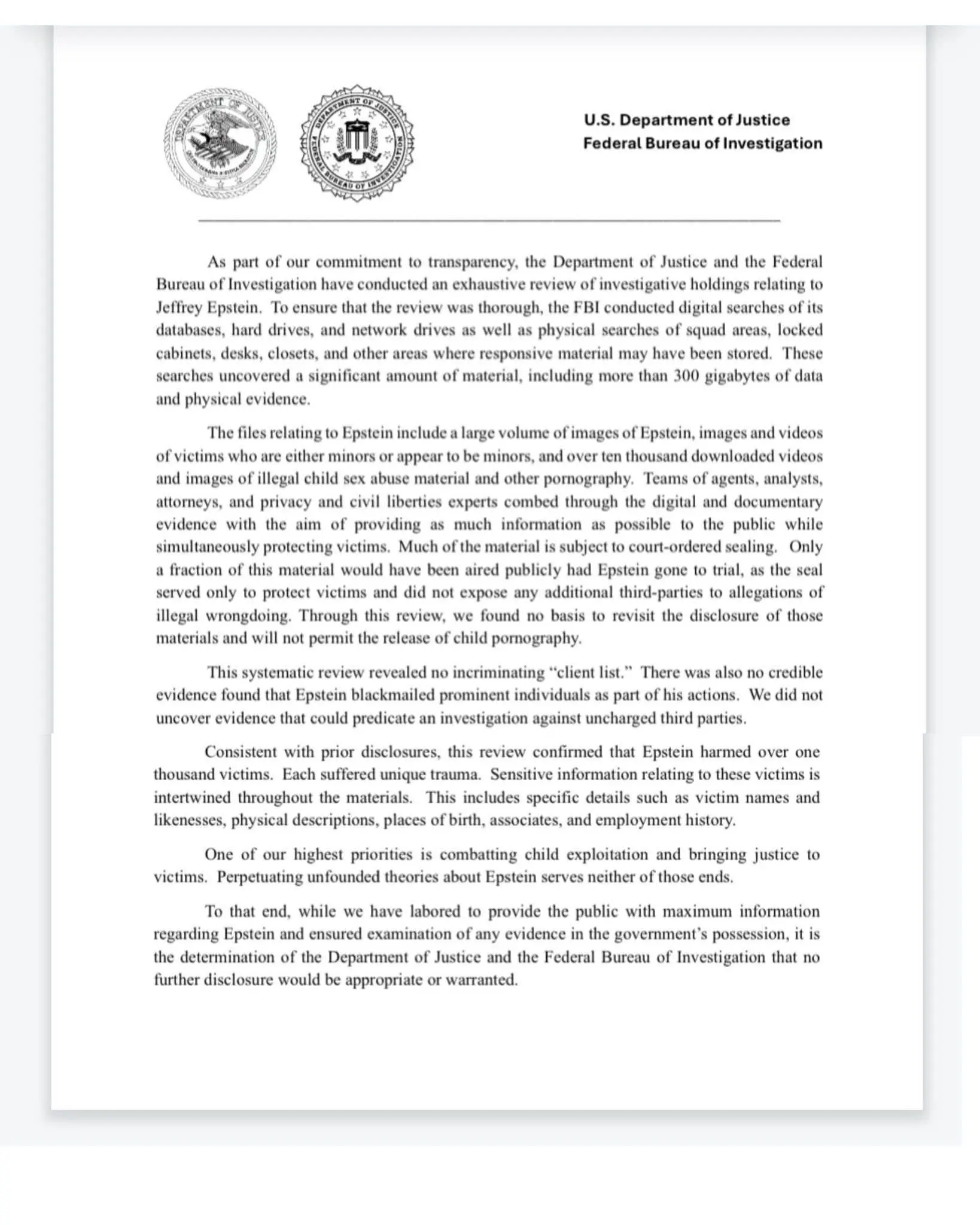 DOJ and FBI memo on the Epstein files confirm no Epstein Client List, and Epstein's death was concluded as being 'suicide'.