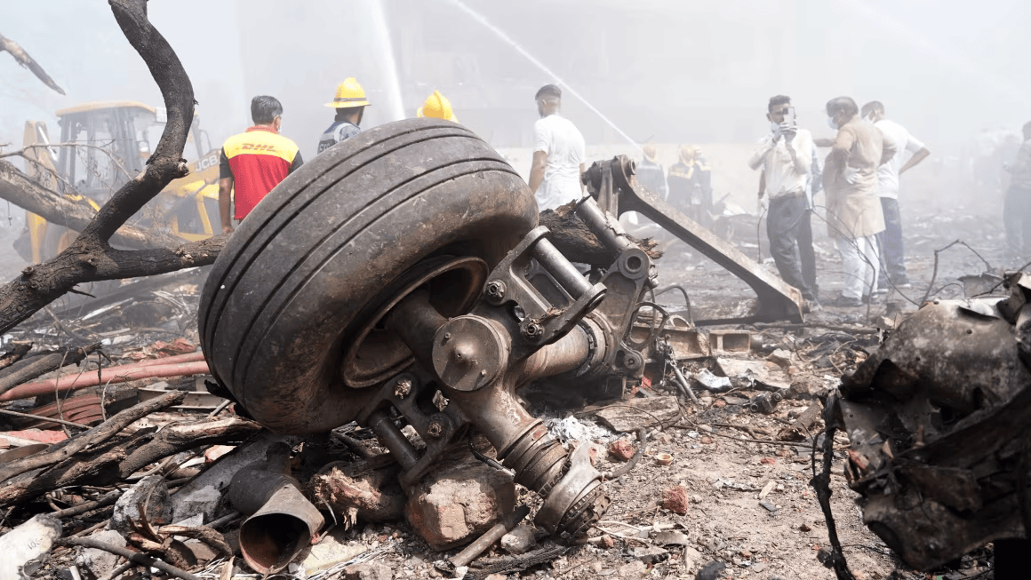 Aircraft landing gear at the crash site of Air India Ltd. flight AI171 in Ahmedabad, Gujarat, India, on June 12. (Image Credit: Siddharaj Solanki/Bloomberg/Getty Images)