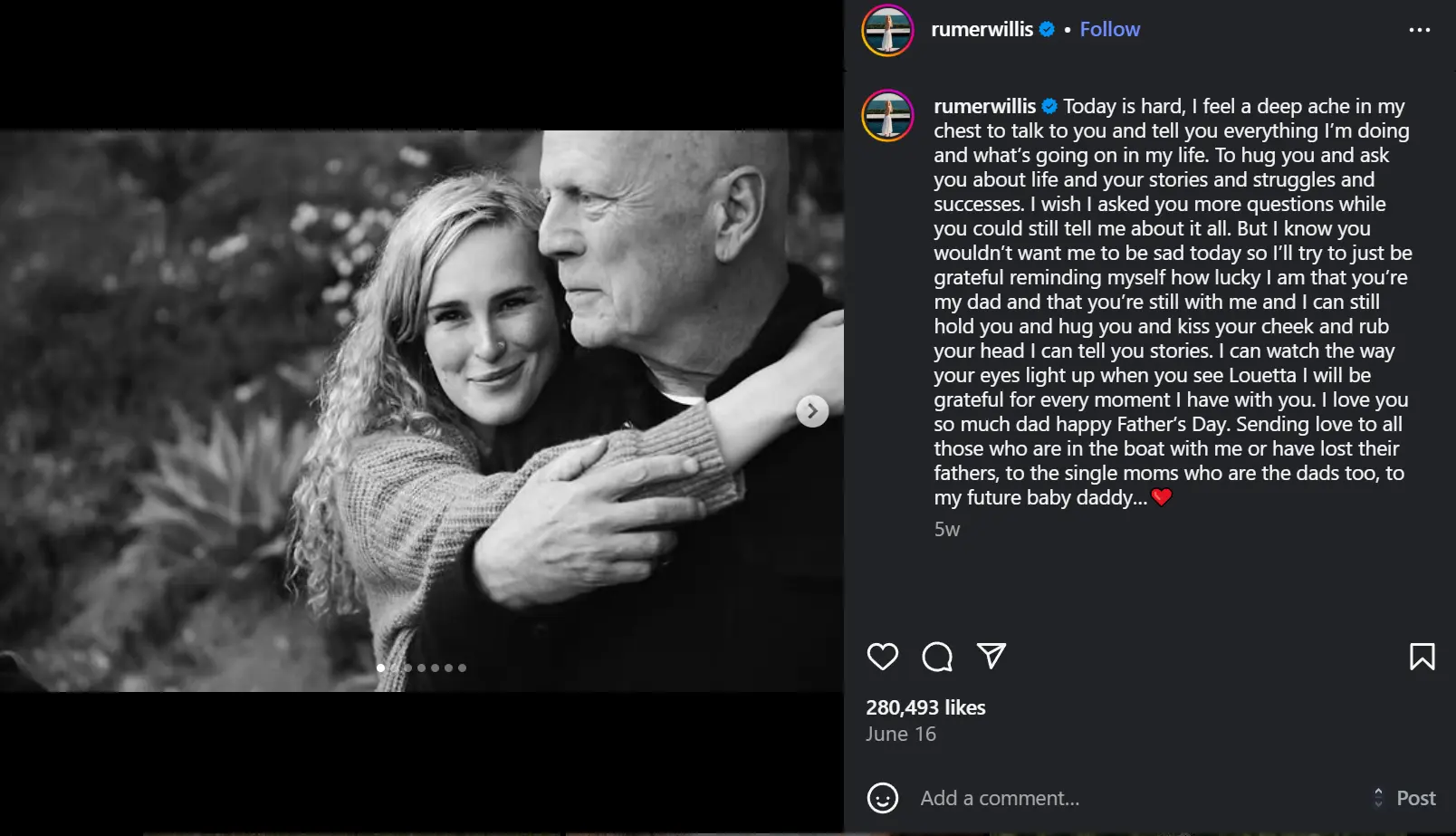 Bruce Willis's daughter, Rumer Glenn Willis, post about her dad on Father's Day. (Image Source: Instagram @rumerwillis)