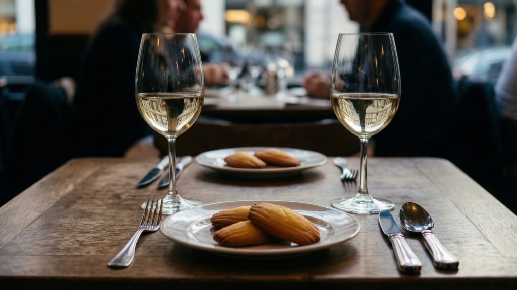 Blind Date: James and Michelle share a madeleine-fueled dinner A table setting for a blind date dinner with madeleines and wine glasses