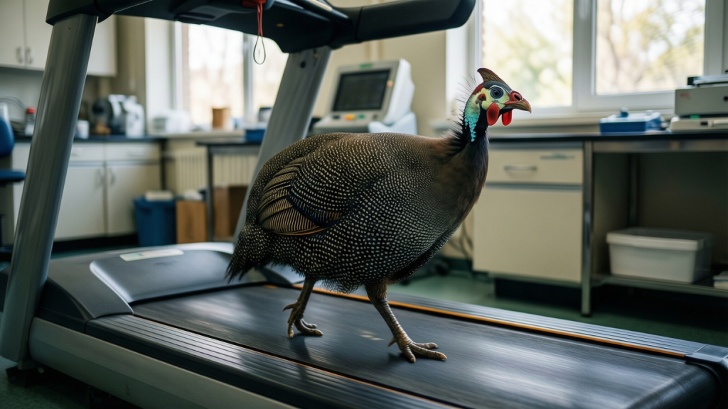 Childhood Exercise May Boost Adult Movement Efficiency Guinea fowl walking on a treadmill in a laboratory setting