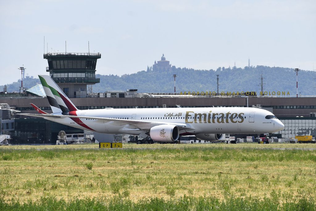 Emirates Airbus A350 taxiing at Dubai International Airport