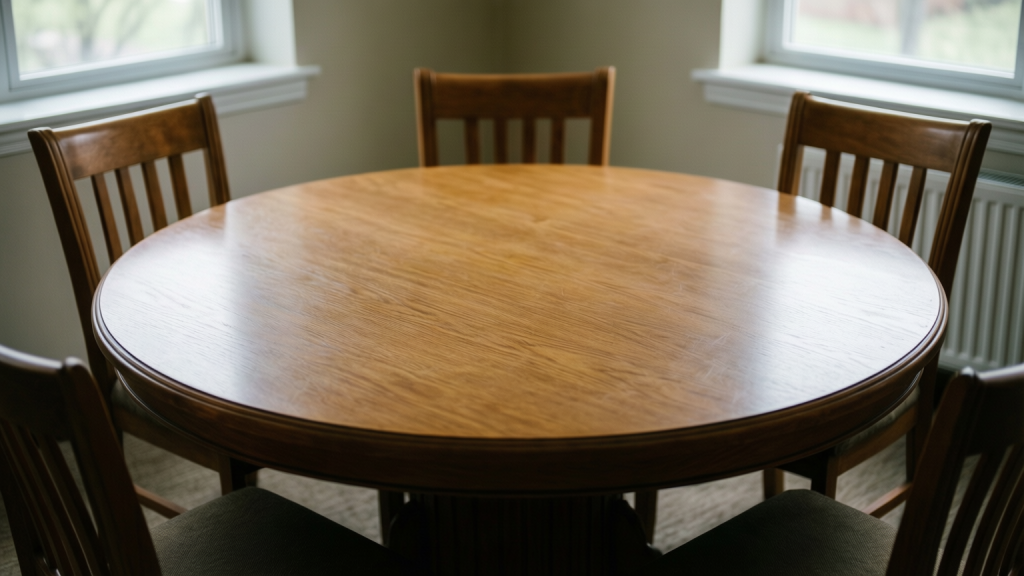A wooden round table with chairs arranged around it for a logic puzzle