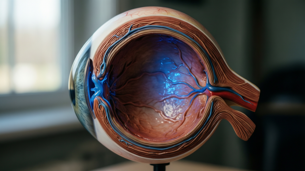 Diagram of the eye showing the new posterior ocular lymphatic outflow pathway in the choroid