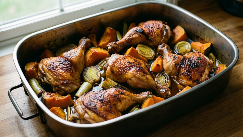 Miso chilli chicken with roasted squash and leeks on a baking tray