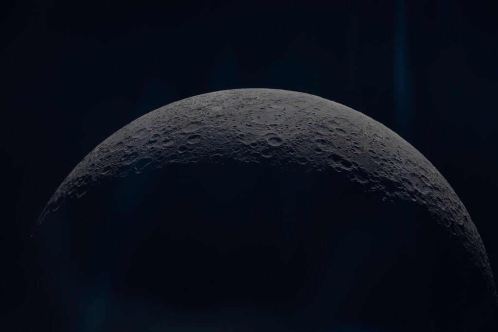 Conceptual illustration of a SpaceX Starship and Blue Origin Blue Moon lander docking with Orion spacecraft in low Earth orbit for 2028 moon missions