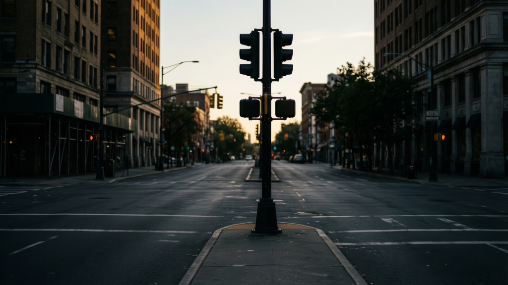 Empty traffic light at a city intersection during rush hour