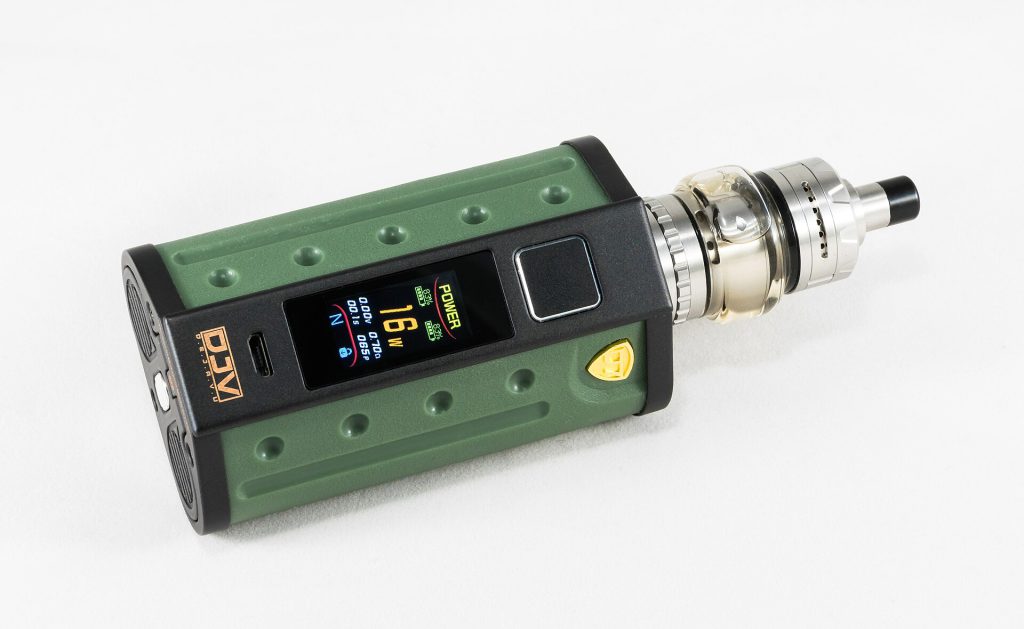 A close-up of a refillable vape device and e-liquid bottles on a table