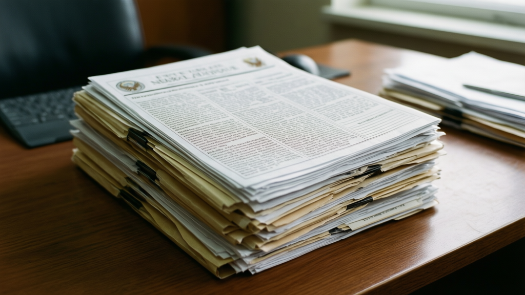 A stack of official government documents related to the vaccine compensation scheme on a wooden desk