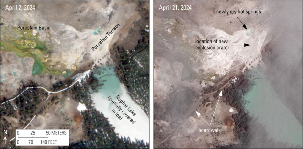 Hydrothermal Explosion in Yellowstone's Biscuit Basin 3 Satellite images of Norris Geyser Basin showing the area of Porcelain Basin and Nuphar Lake in April 2024. In the left image, acquired on April 2, 2024, springs on Porcelain Terrace are full of water, and warm hydrothermal water is flowing into Nuphar Lake, keeping the north part of the lake free of ice. Boardwalks in the area appear as white lineations because they are covered in snow. In the right image, acquired on April 21, 2024, the springs on Porcelain Terrace are dry, and there is no water entering Nuphar Lake (which was free of ice due to the change in seasons). This image, which includes some wispy cloud cover that causes a slightly fuzzy appearance, was acquired after the occurrence of a small explosion on April 15, 2024, that probably coincided with the change in hydrothermal activity on the terrace. (Source: WorldView-3 satellite / NEXTVIEW)