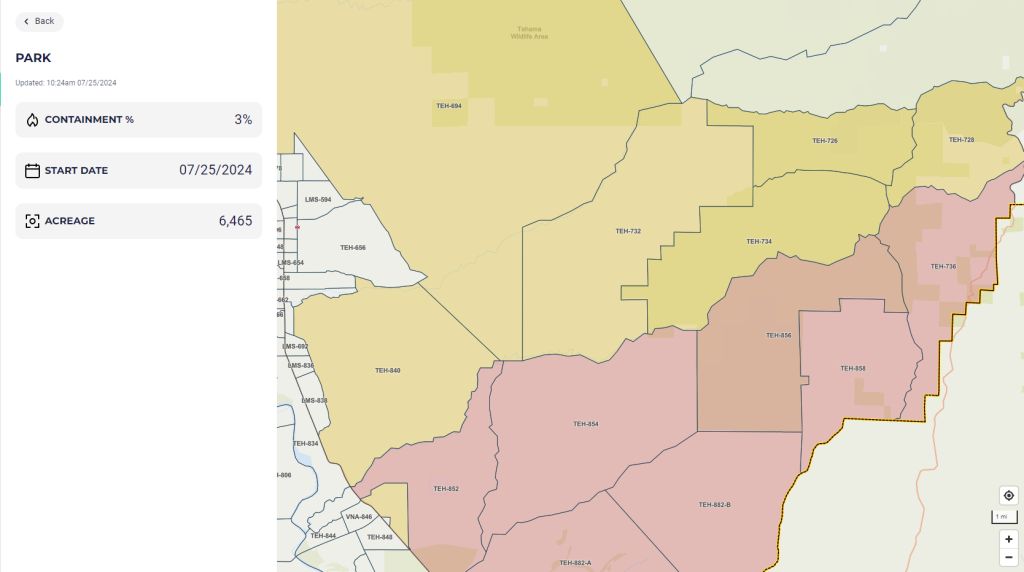 California Wildfire: Park Fire Devastates Upper Bidwell Park 2 Map of evacuation zones in Tehama County. (Source: genasys Protect)