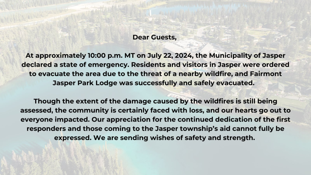 Wildfire Devastates Jasper National Park 2 A statement by Jasper Park Lodge on the current wildfire devastating Jasper National Park. (Source: Jasper Park Lodge Twitter / X)