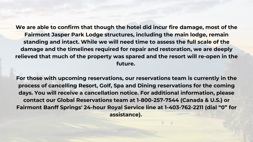 Wildfire Devastates Jasper National Park 3 A statement by Jasper Park Lodge on the current wildfire devastating Jasper National Park. (Source: Jasper Park Lodge Twitter / X)