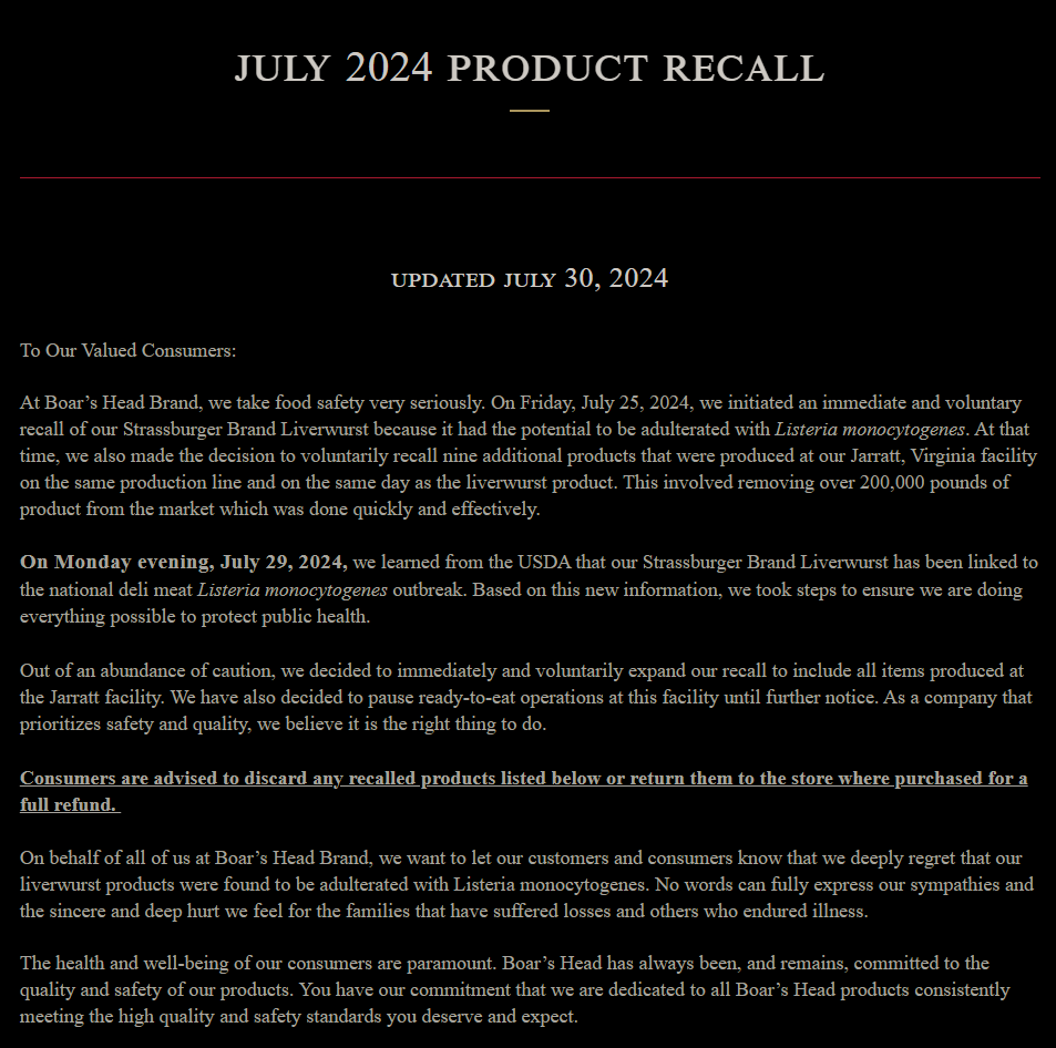 Boar’s Head Expands Deli Meat Recall Amid Listeria Outbreak 1 Boar's Head official statement regarding July 2024 product recall. (Source: Boar's Head)