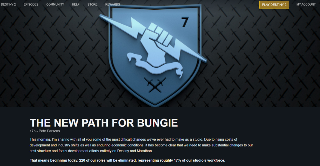 Destiny developer Bungie has today announced significant cuts at the studio that have seen 220 people, or 17% of the studio’s workforce, let go. (Source: Bungie)