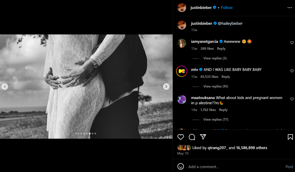 Justin Bieber and Hailey Welcome Their First Baby: Jack Blues Bieber 3 The announcement was made through a series of intimate photos on Instagram, showcasing Hailey's baby bump during a vow renewal ceremony. (Source: Justin Bieber's Instagram)