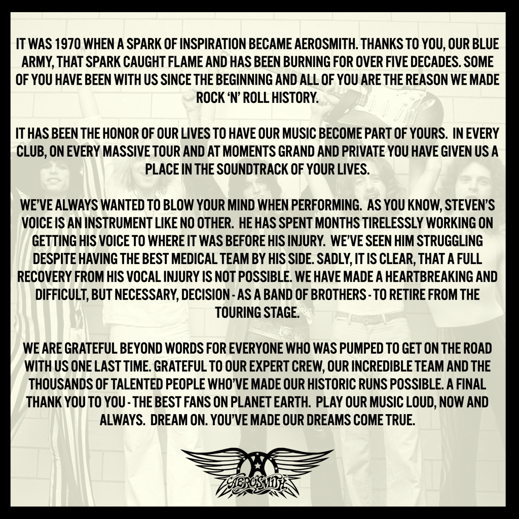Aerosmith Announces Retirement from Touring: A Heartbreaking Farewell 3 Aerosmith's cancellation announcement of the "Peace Out" tour (Source: Twitter / X)