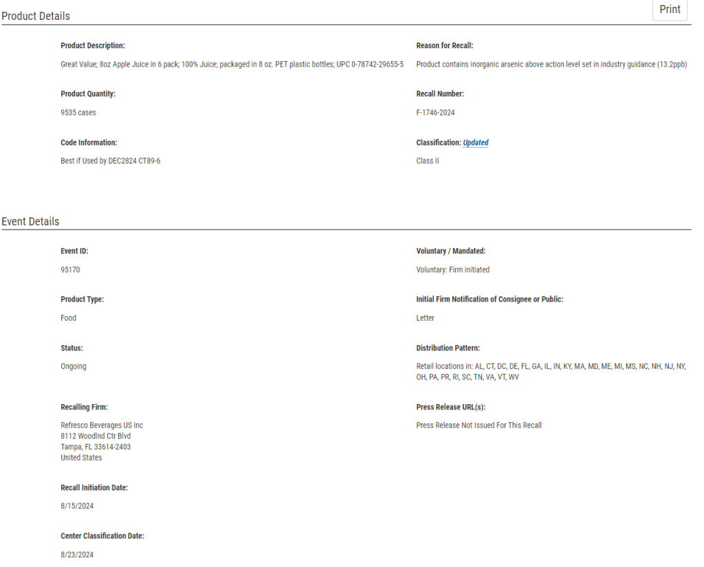 Walmart Recalls Great Value Apple Juice Due to Elevated Arsenic Levels 2 The recall involves 9,535 cases of Great Value Apple Juice packaged in six-packs of 8-ounce PET plastic bottles sold at Walmart (Image Credit: FDA)