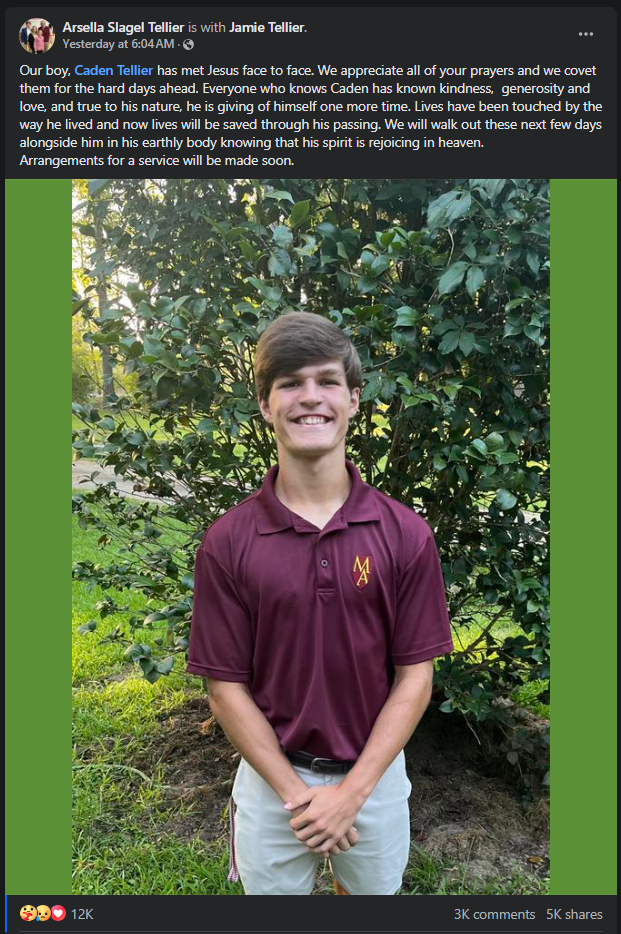 Alabama High School Football Player Dies After Game Injury 2 Arsella Slagel Tellier's Statement regarding the passing of her son. (Source: Arsella Slagel Tellier's Facebook)