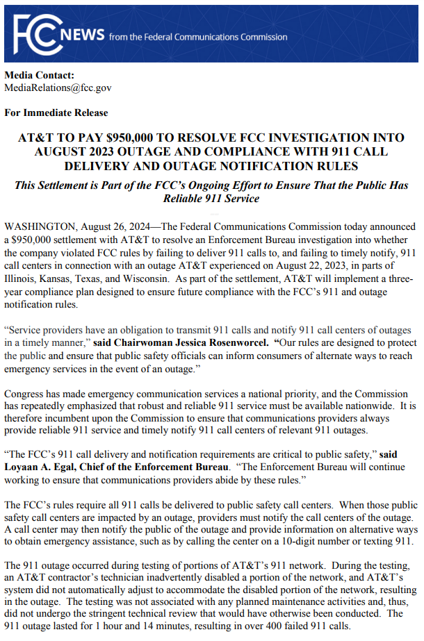 Is There an AT&T Outage Today? Customers Report Service Disruptions 3 Thee Federal Communications Commission (FCC) announced that AT&T would pay a $950,000 fine for a 911 outage that occurred in 2023. (Source: Federal Communications Commission / FCC)