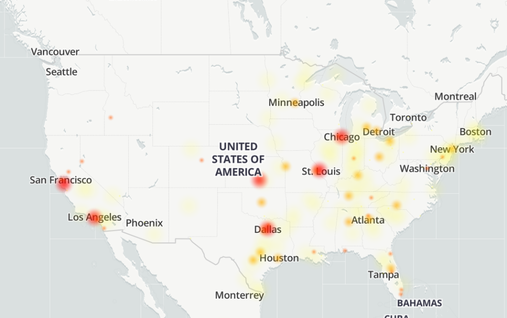 Is There an AT&T Outage Today? Customers Report Service Disruptions 4 Downdetector's heat map shows where user-submitted problem reports are concentrated over the past 24 hours regarding AT&T's outage. (Source: Downdetector)