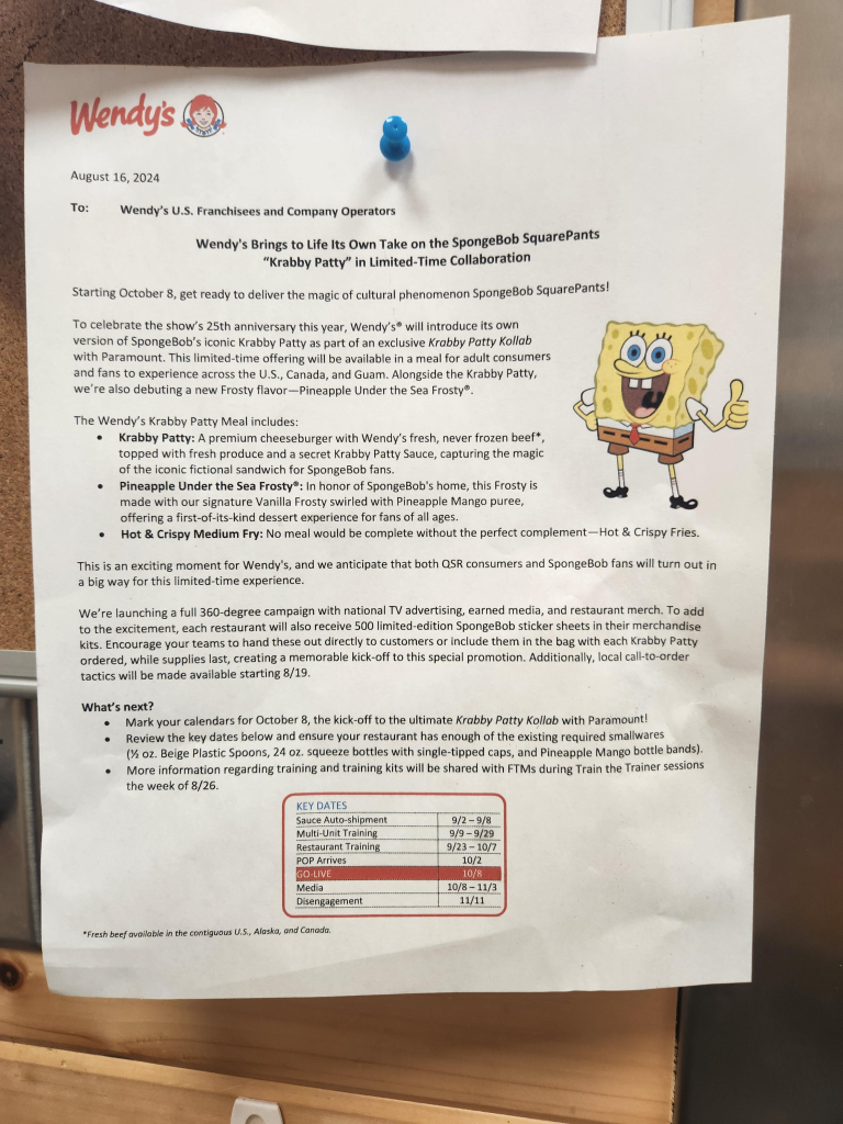 Wendy’s and SpongeBob SquarePants: The Krabby Patty Collaboration 1 An unconfirmed leaked of a possible Wendy’s memo hinting at a collab with Spongebob Krabby Patty from Aug. 16 that was posted on Reddit.