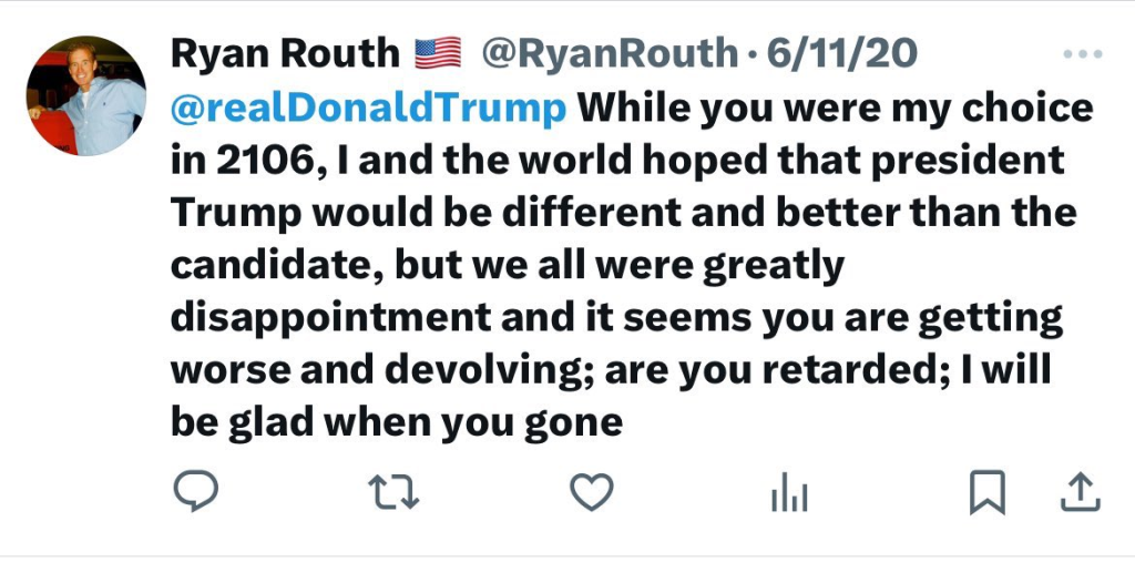 Ryan Wesley Routh: The Alleged Gunman in Trump Assassination Attempt 5 Routh's social media post suggest a man with strong political opinion, and is willing to act on them. His accounts have since been suspended by all major social media platforms. (Source: Twitter / X)