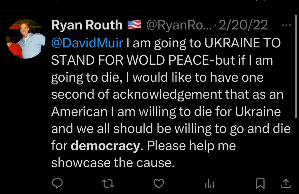 Ryan Wesley Routh: The Alleged Gunman in Trump Assassination Attempt 6 Routh's social media post suggest a man with strong political opinion, and is willing to act on them. His accounts have since been suspended by all major social media platforms. (Source: Twitter / X)