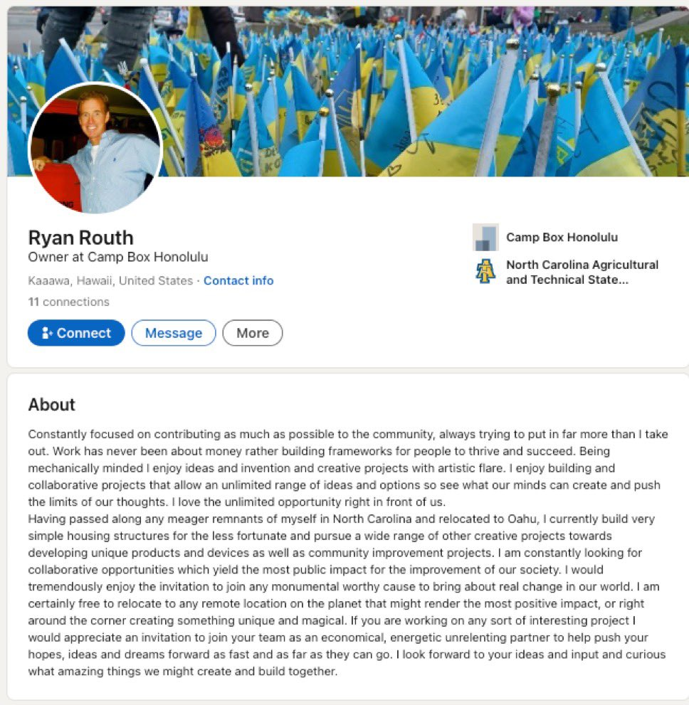 Ryan Wesley Routh: The Alleged Gunman in Trump Assassination Attempt 4 Ryan Routh's LinkedIn profile and biography before it was deleted. (Source: LinkedIn)