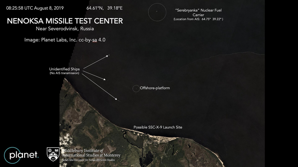 Satellite Images Reveal Potential Launch Site for Russia's Nuclear-Powered Cruise Missile 2 The Nyonoksa radiation incident on 8 August 2019 near Nyonoksa, a village under the administrative jurisdiction of Severodvinsk, Arkhangelsk Oblast, Russian Federation. (Source: Planet Labs PBC)