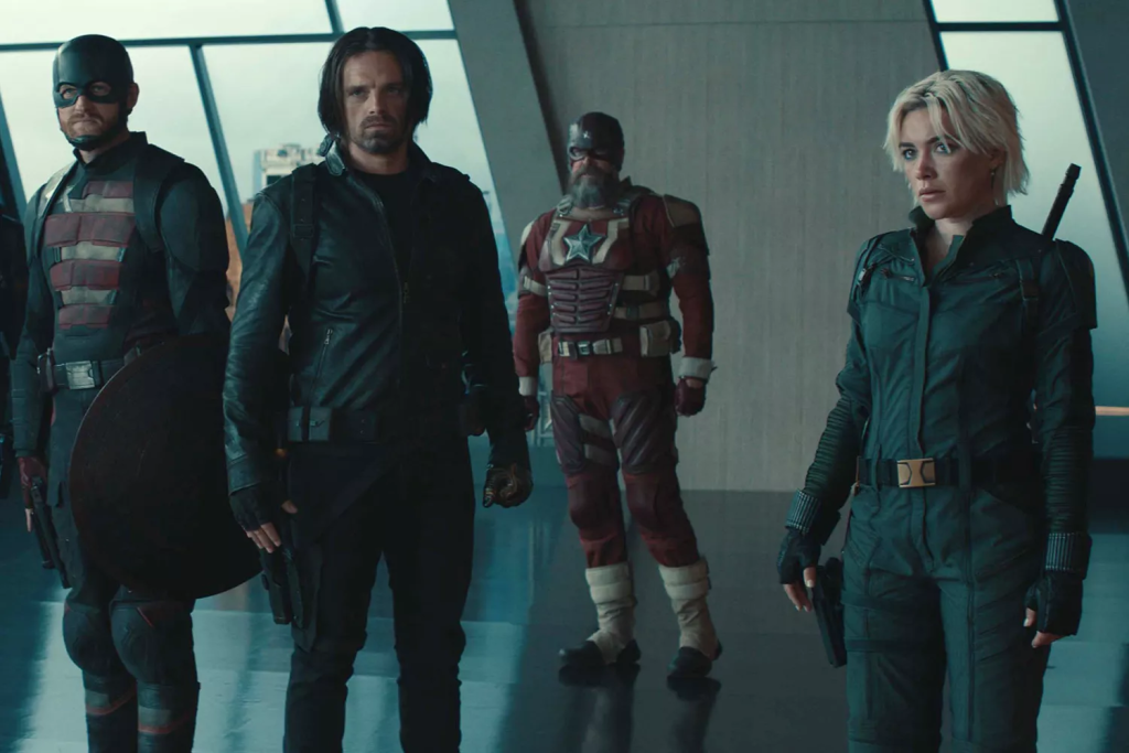Marvel’s Thunderbolts: First Look at the Thunderbolts Cast, Trailer, and Sentry’s Debut 1 Thunderbolt's cast in the latest trailer: John Walker (Wyatt Russell), Bucky Barnes (Sebastian Stan), Alexei Shostakov (David Harbour), and Yelena Belova (Florence Pugh) in 'Thunderbolts'. (Image Source: Marvel Studios)