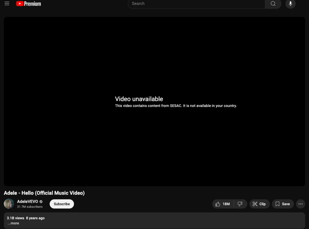 "Video contains content from SESAC."  A message that countless YouTube and YouTube Music users in the US have recently encountered when attempting to stream their favorite songs. (Source: YouTube)