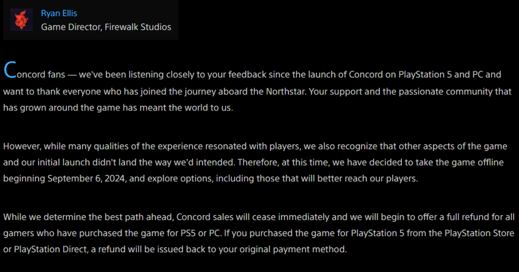 Concord Game Shutting Down Just Two Weeks After Launch 1 Concord's Game Director, Ryan Ellis, said in a statement that Concord will be shutting down and going offline beginning of September 6, 2024. (Source: Playstation Blog)