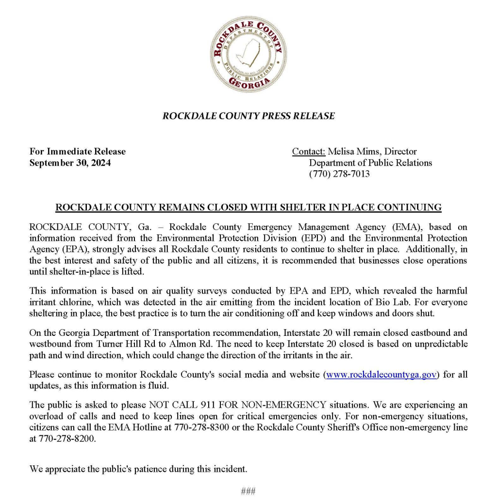 Conyers BioLab Fire Forces 17,000 Residents to Evacuate 3 The Rockdale County Press Release regarding the BioLab Conyers fire. (Source: Rockdale County Government)